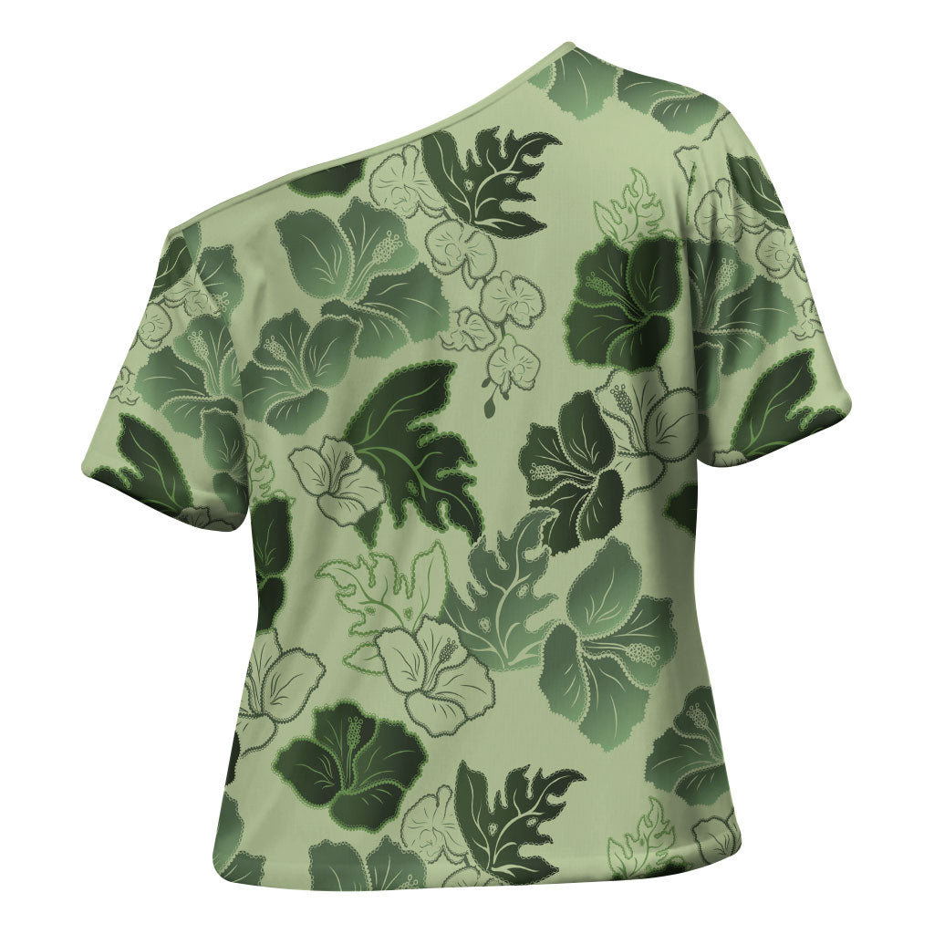 Vesuvian Green Aloha Hawaii Hibiscus Orchid Seamless Cross Shoulder Shirt