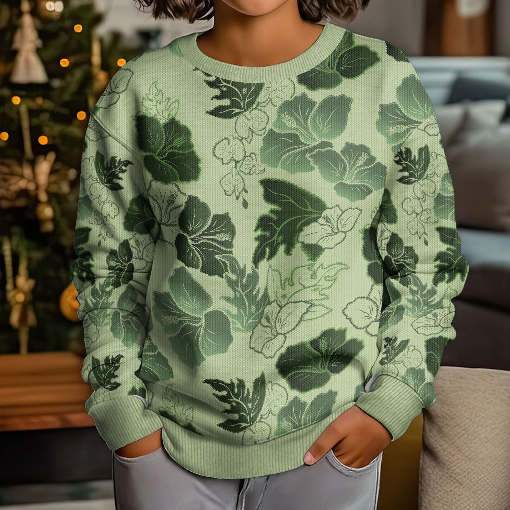 Vesuvian Green Aloha Hawaii Hibiscus Orchid Seamless Kid Ugly Christmas Sweater