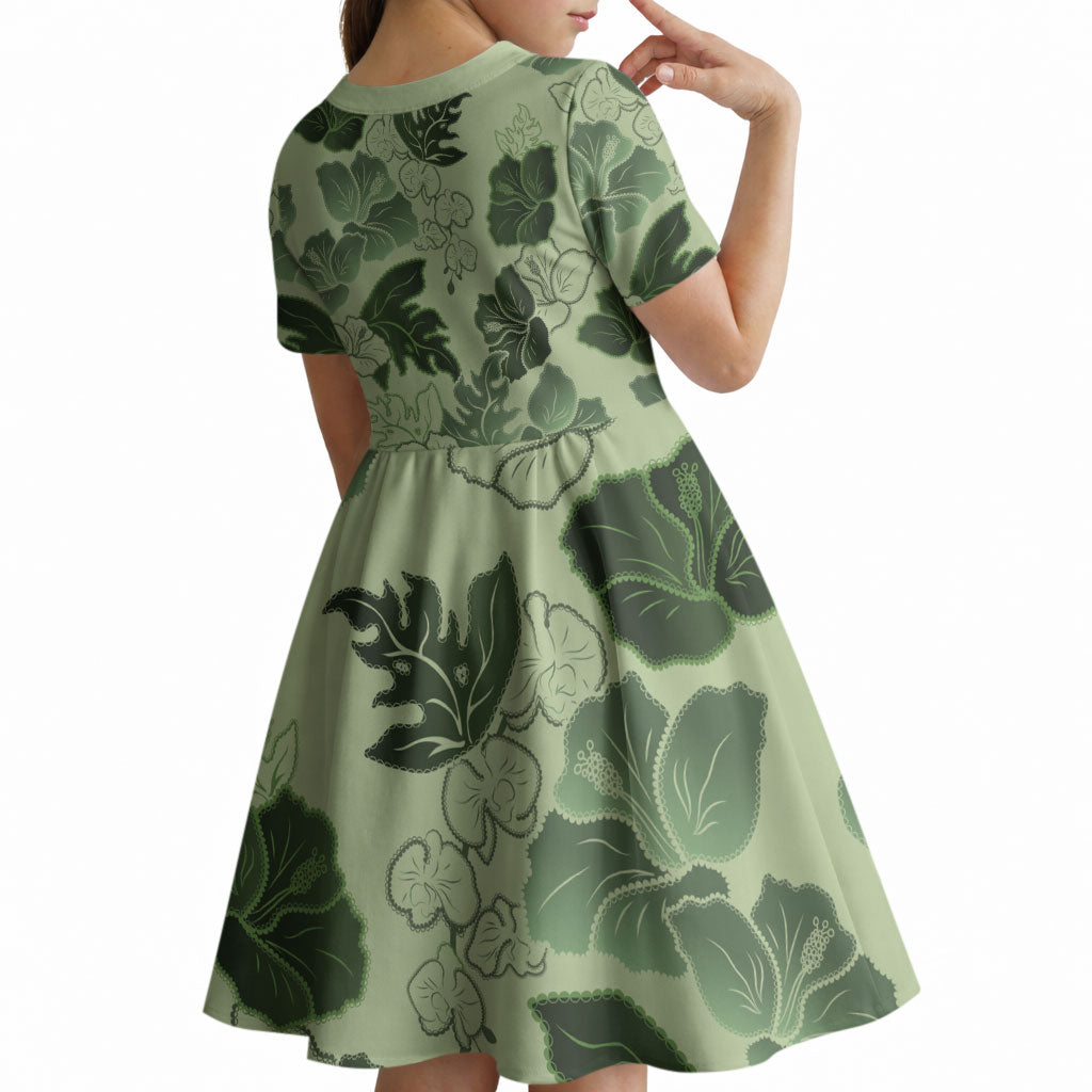Vesuvian Green Aloha Hawaii Hibiscus Orchid Seamless Kid Short Sleeve Dress