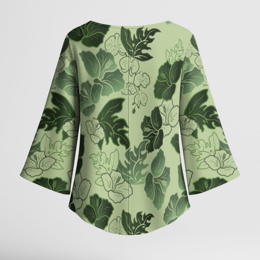 Vesuvian Green Aloha Hawaii Hibiscus Orchid Seamless Kimono Sleeve Blouse