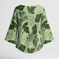 Vesuvian Green Aloha Hawaii Hibiscus Orchid Seamless Kimono Sleeve Blouse