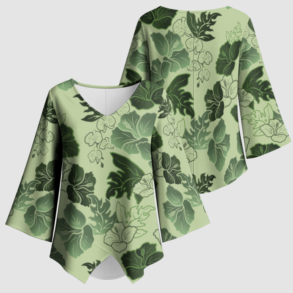 Vesuvian Green Aloha Hawaii Hibiscus Orchid Seamless Kimono Sleeve Blouse