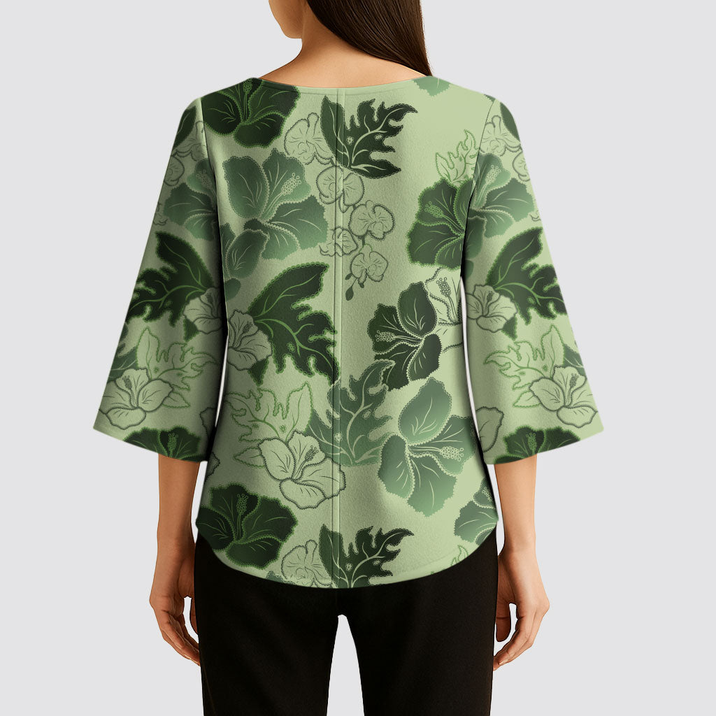 Vesuvian Green Aloha Hawaii Hibiscus Orchid Seamless Kimono Sleeve Blouse