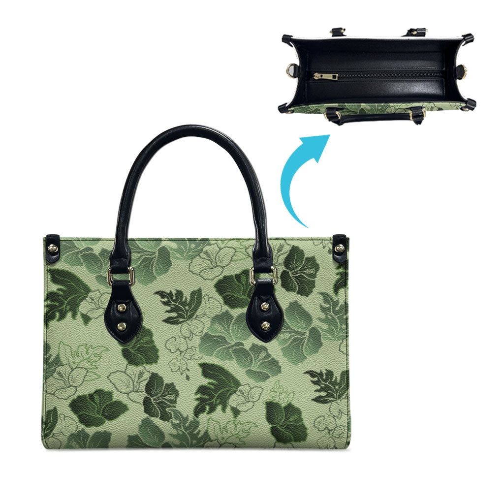 Vesuvian Green Aloha Hawaii Hibiscus Orchid Seamless Leather Bag