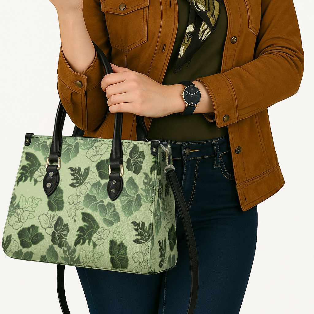 Vesuvian Green Aloha Hawaii Hibiscus Orchid Seamless Leather Bag