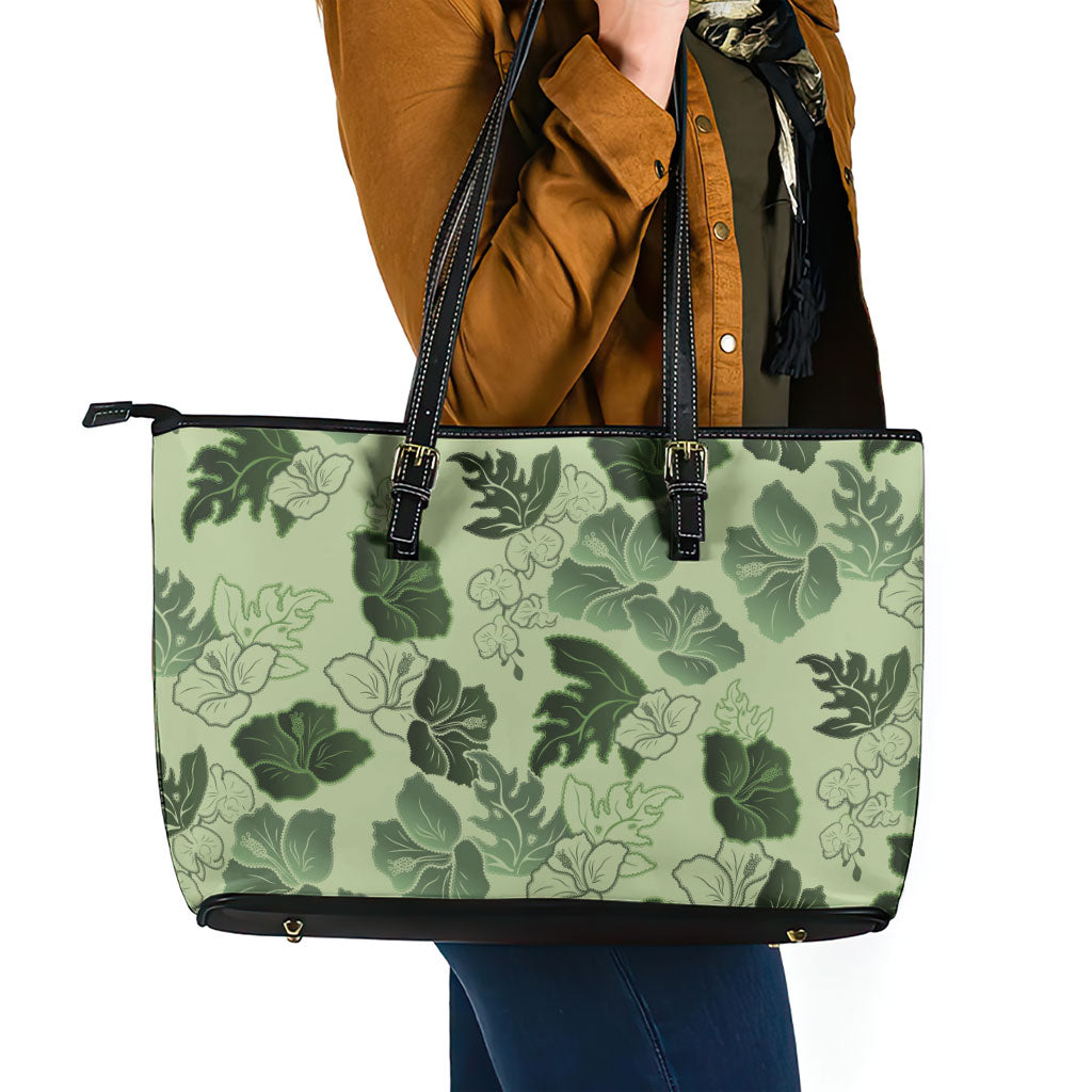 Vesuvian Green Aloha Hawaii Hibiscus Orchid Seamless Leather Tote Bag