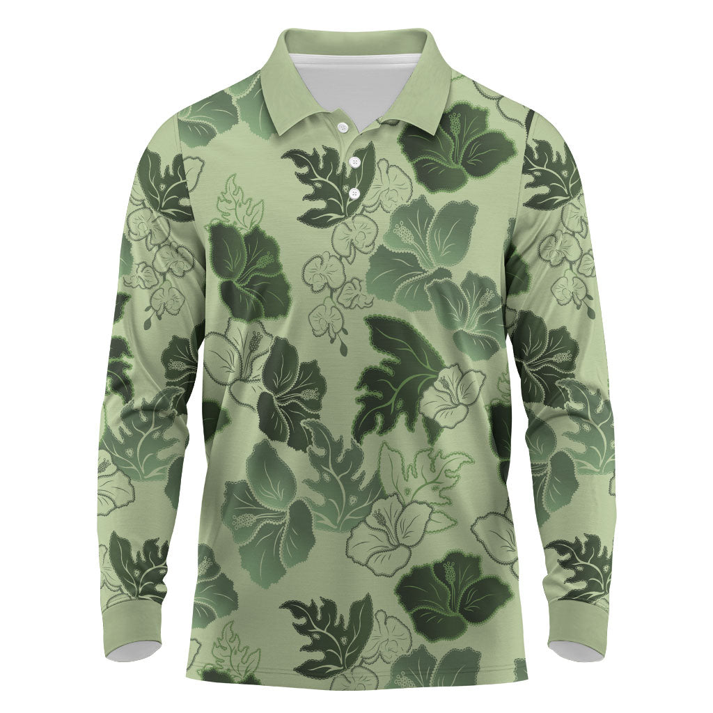 Vesuvian Green Aloha Hawaii Hibiscus Orchid Seamless Long Sleeve Polo Shirt