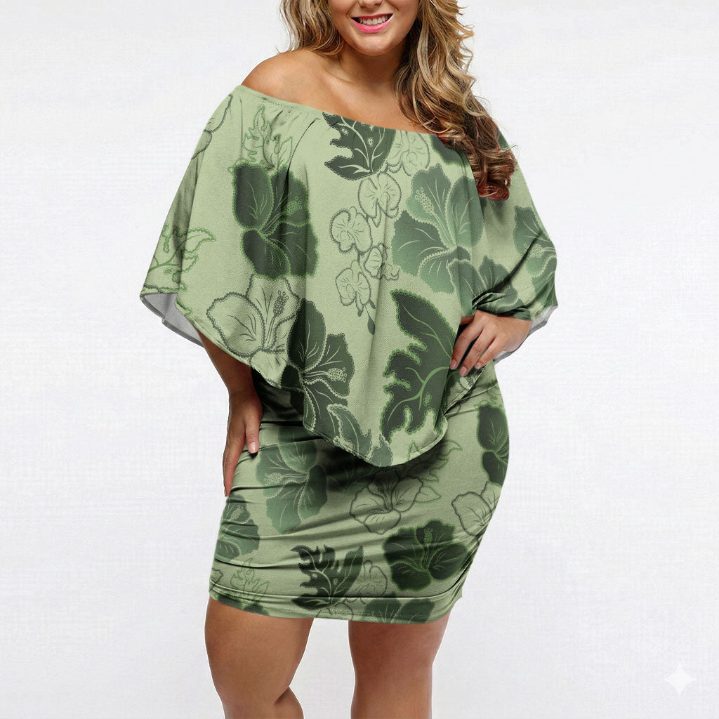 Vesuvian Green Aloha Hawaii Hibiscus Orchid Seamless Off Shoulder Short Dress