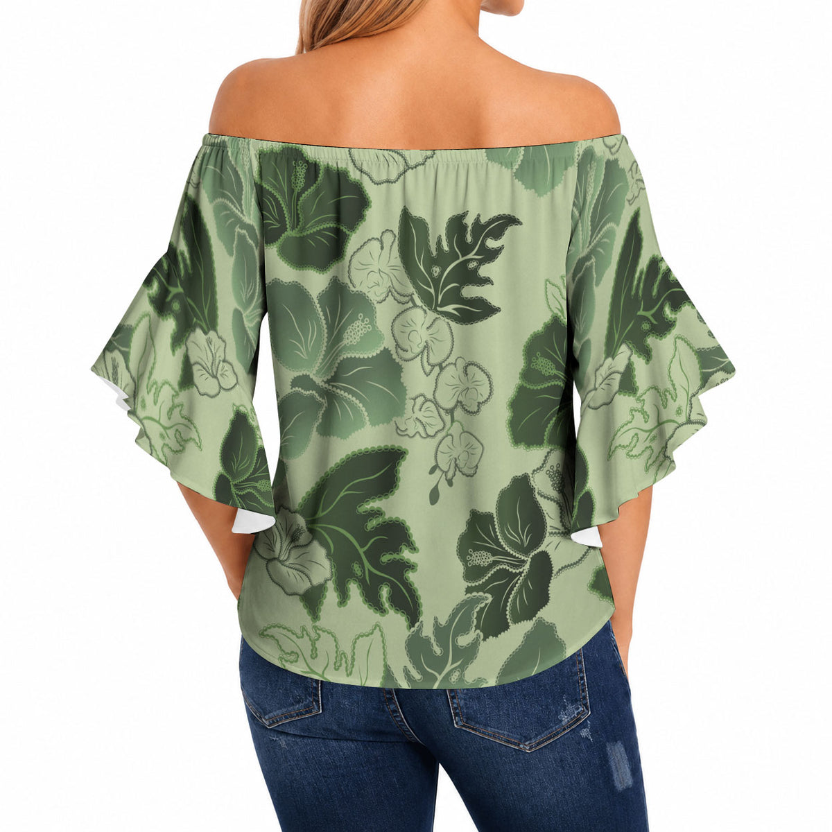 Vesuvian Green Aloha Hawaii Hibiscus Orchid Seamless Off Shoulder Wrap Waist Top