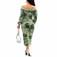 Vesuvian Green Aloha Hawaii Hibiscus Orchid Seamless Off The Shoulder Long Sleeve Dress
