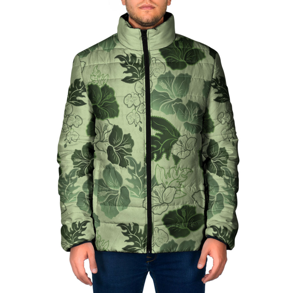 Vesuvian Green Aloha Hawaii Hibiscus Orchid Seamless Padded Jacket