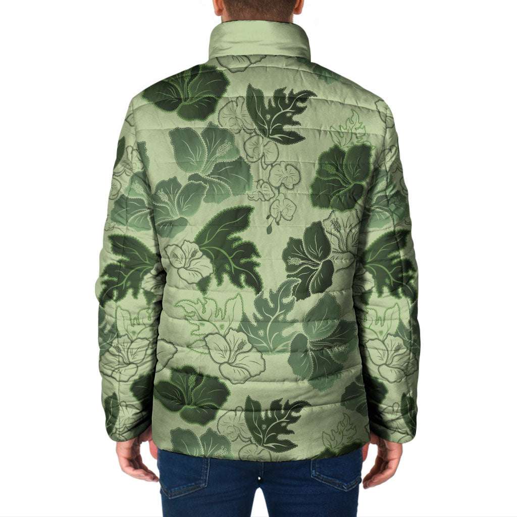 Vesuvian Green Aloha Hawaii Hibiscus Orchid Seamless Padded Jacket