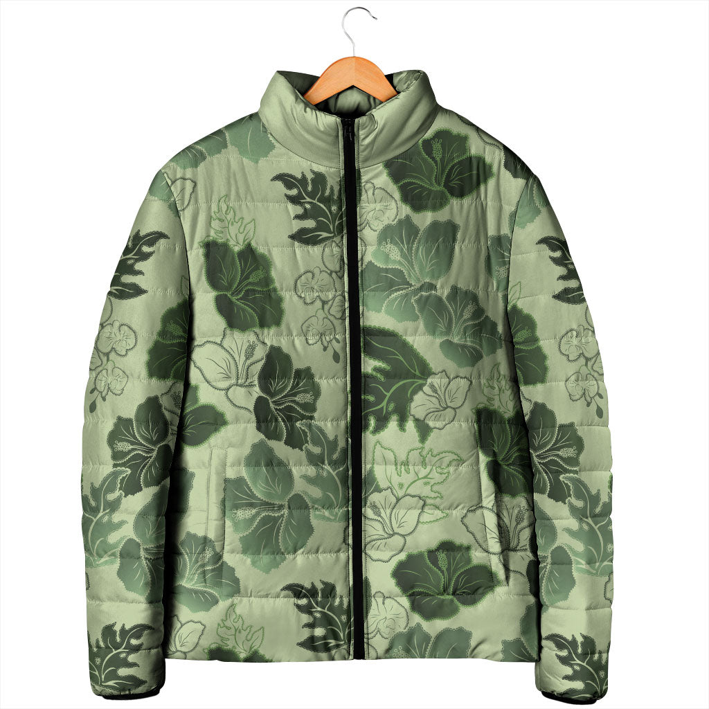 Vesuvian Green Aloha Hawaii Hibiscus Orchid Seamless Padded Jacket