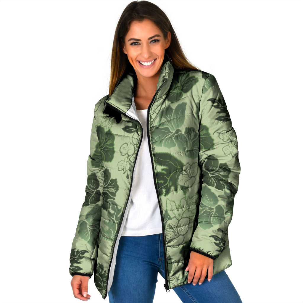 Vesuvian Green Aloha Hawaii Hibiscus Orchid Seamless Padded Jacket