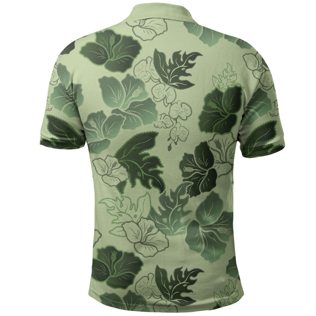 Vesuvian Green Aloha Hawaii Hibiscus Orchid Seamless Polo Shirt