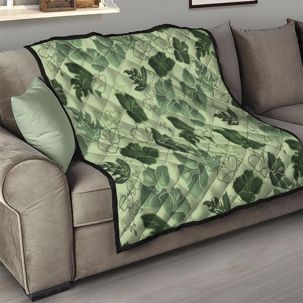 Vesuvian Green Aloha Hawaii Hibiscus Orchid Seamless Quilt