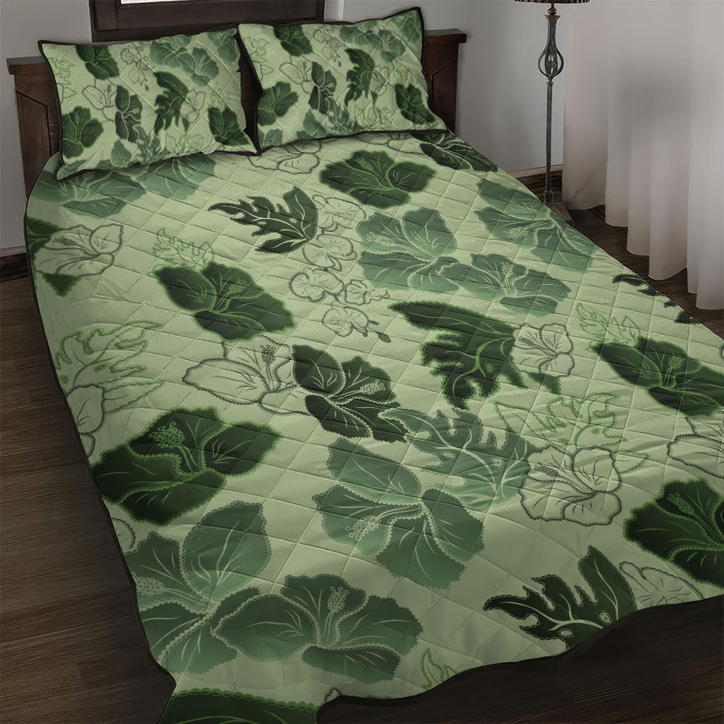 Vesuvian Green Aloha Hawaii Hibiscus Orchid Seamless Quilt Bed Set