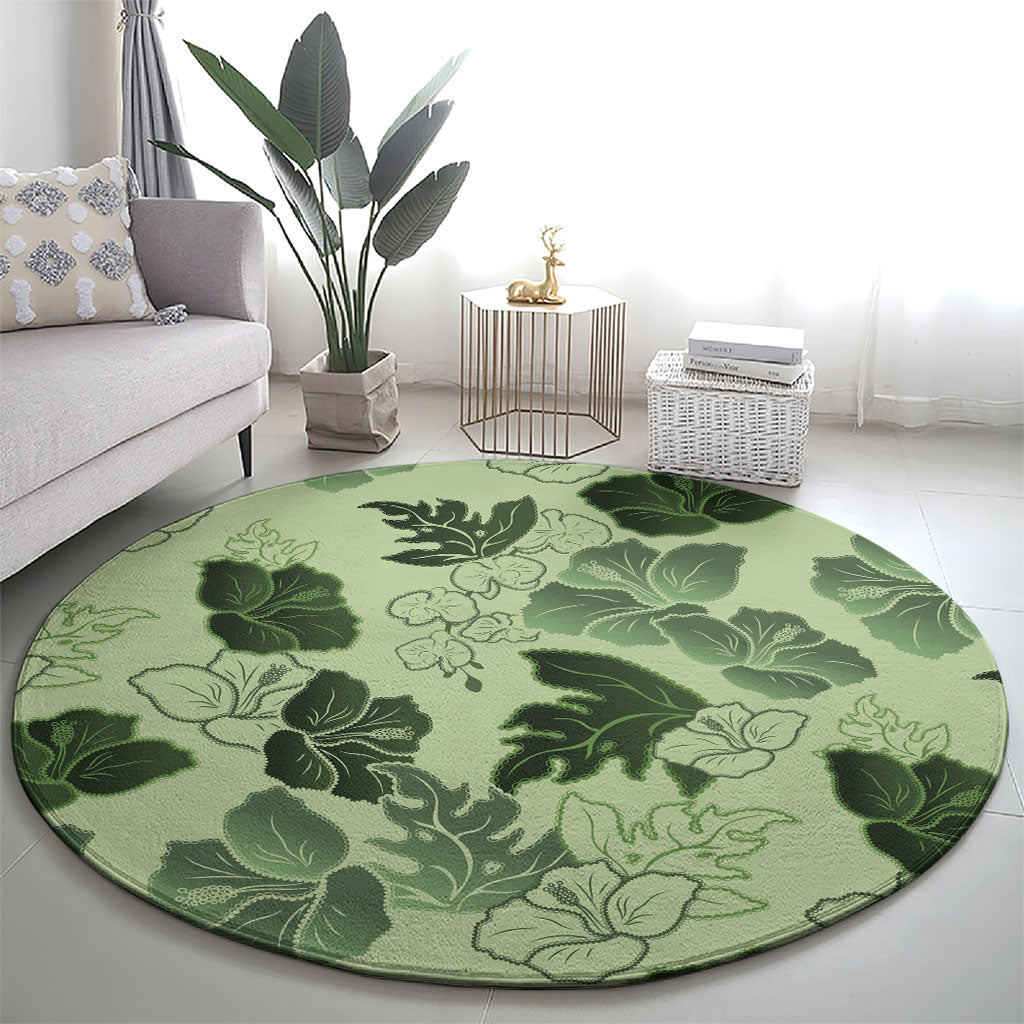 Vesuvian Green Aloha Hawaii Hibiscus Orchid Seamless Round Carpet