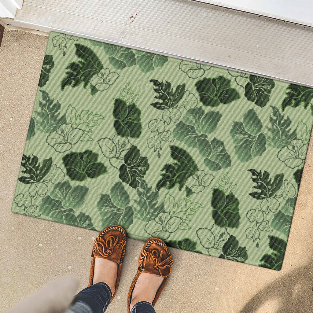 Vesuvian Green Aloha Hawaii Hibiscus Orchid Seamless Rubber Doormat