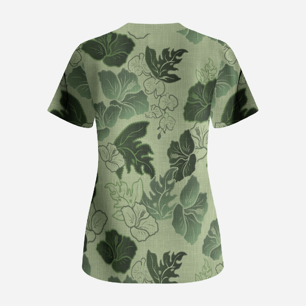 Vesuvian Green Aloha Hawaii Hibiscus Orchid Seamless Scrub Top
