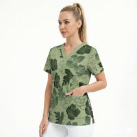 Vesuvian Green Aloha Hawaii Hibiscus Orchid Seamless Scrub Top