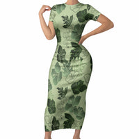 Vesuvian Green Aloha Hawaii Hibiscus Orchid Seamless Short Sleeve Bodycon Dress