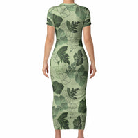 Vesuvian Green Aloha Hawaii Hibiscus Orchid Seamless Short Sleeve Bodycon Dress