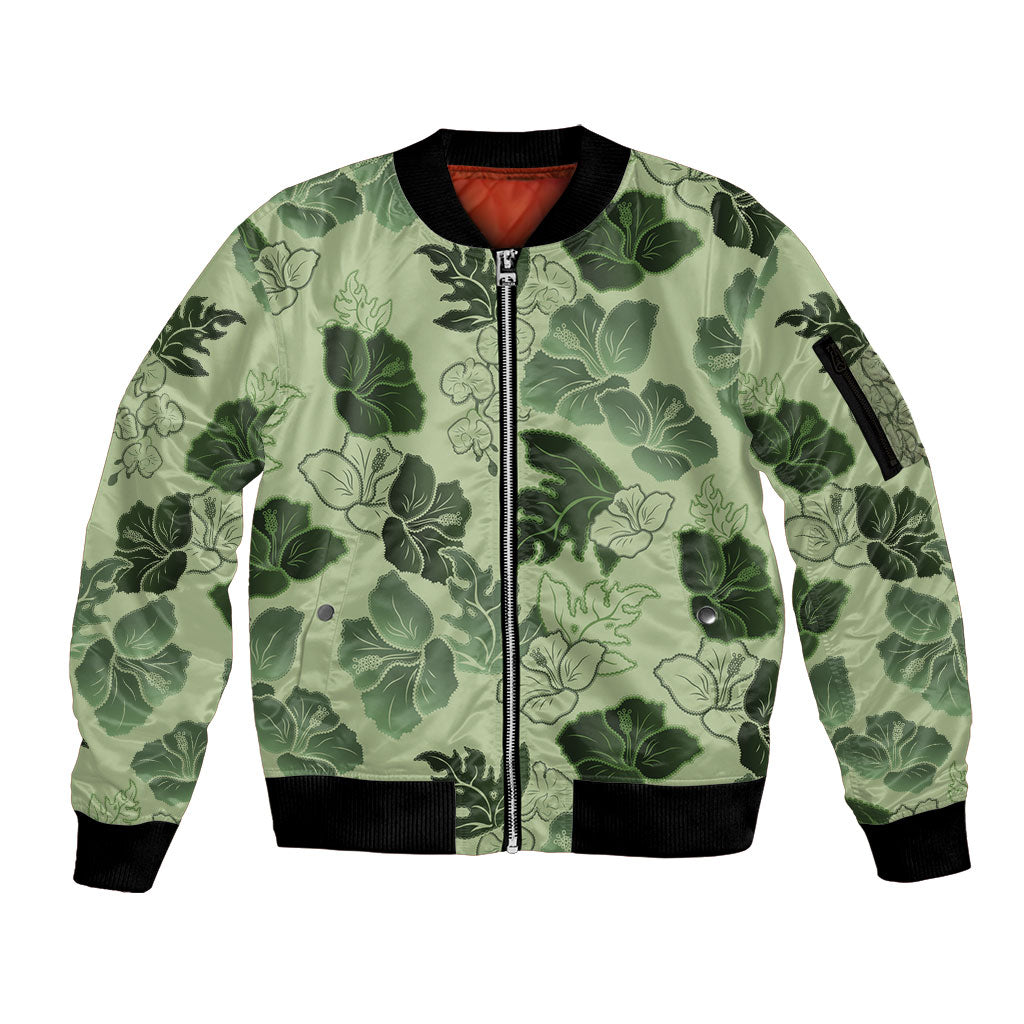 Vesuvian Green Aloha Hawaii Hibiscus Orchid Seamless Sleeve Zip Bomber Jacket