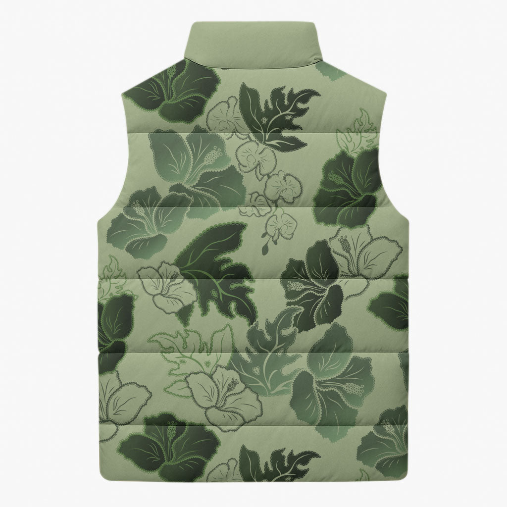 Vesuvian Green Aloha Hawaii Hibiscus Orchid Seamless Sleeveless Puffer Jacket