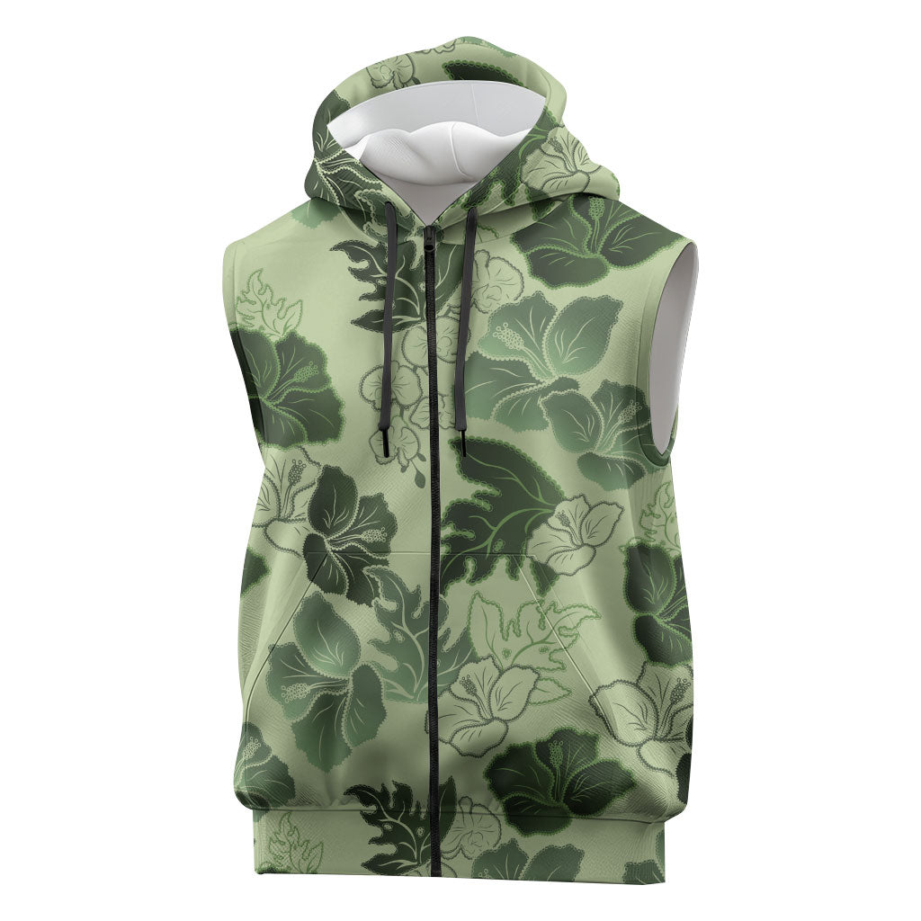 Vesuvian Green Aloha Hawaii Hibiscus Orchid Seamless Sleeveless Zip Hoodie