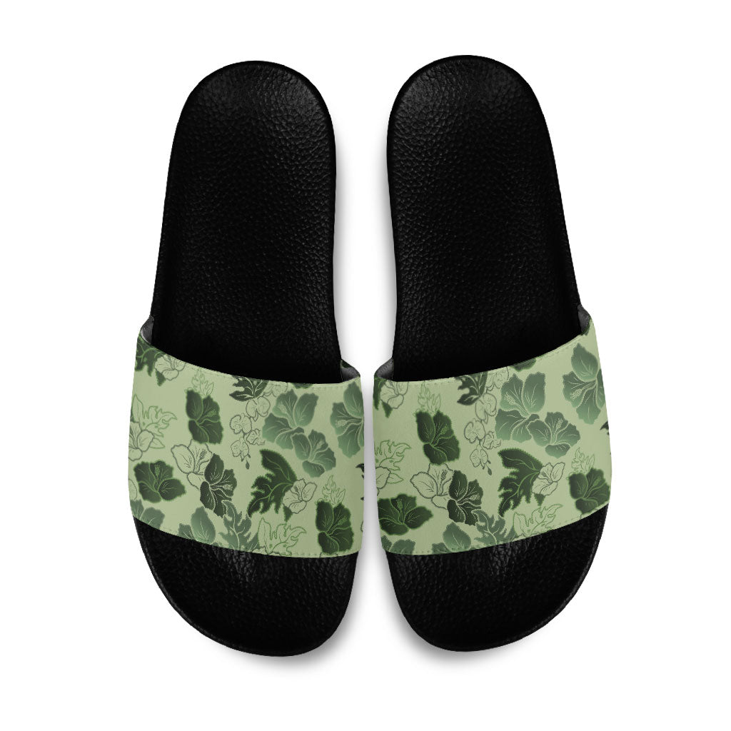 Vesuvian Green Aloha Hawaii Hibiscus Orchid Seamless Slide Sandals