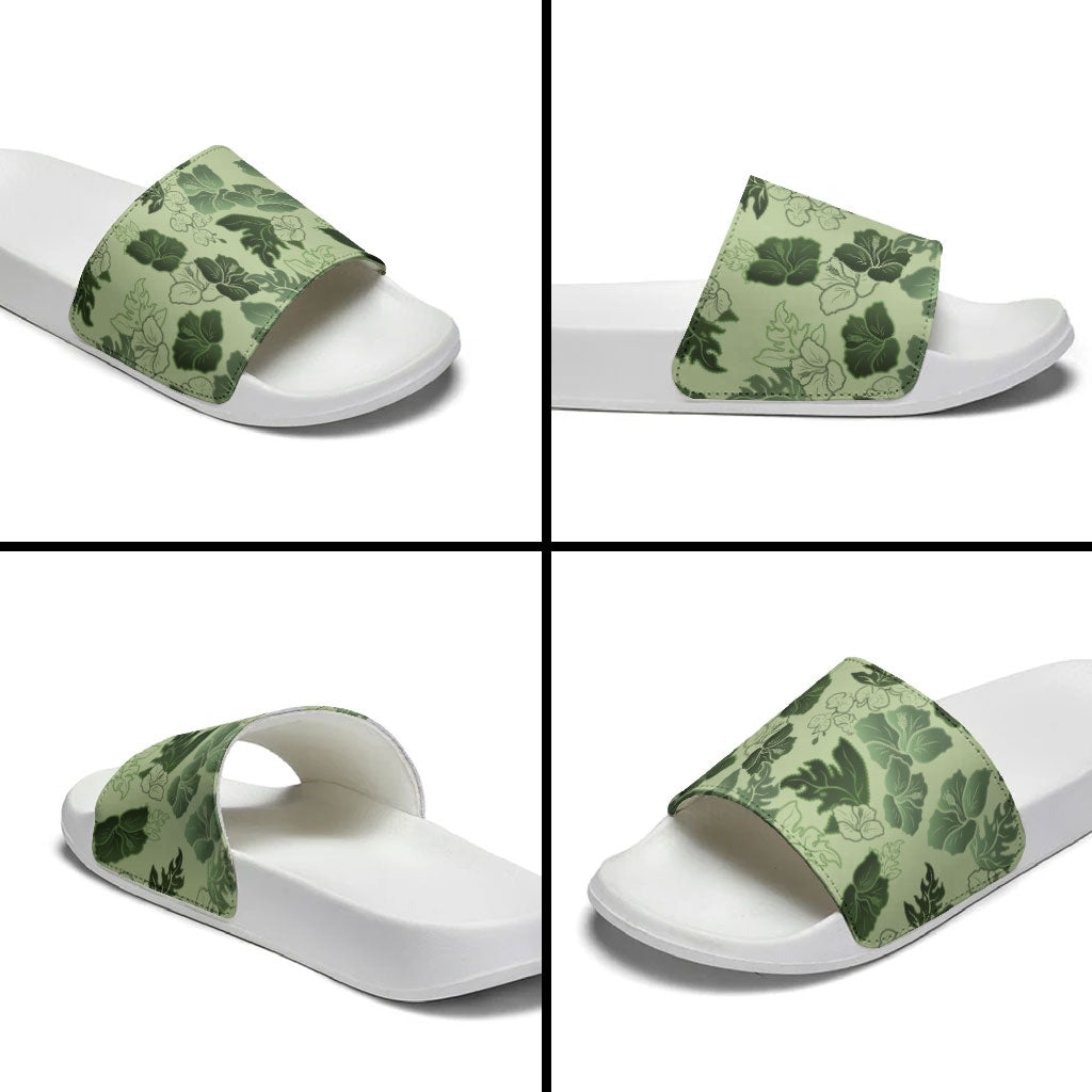 Vesuvian Green Aloha Hawaii Hibiscus Orchid Seamless Slide Sandals