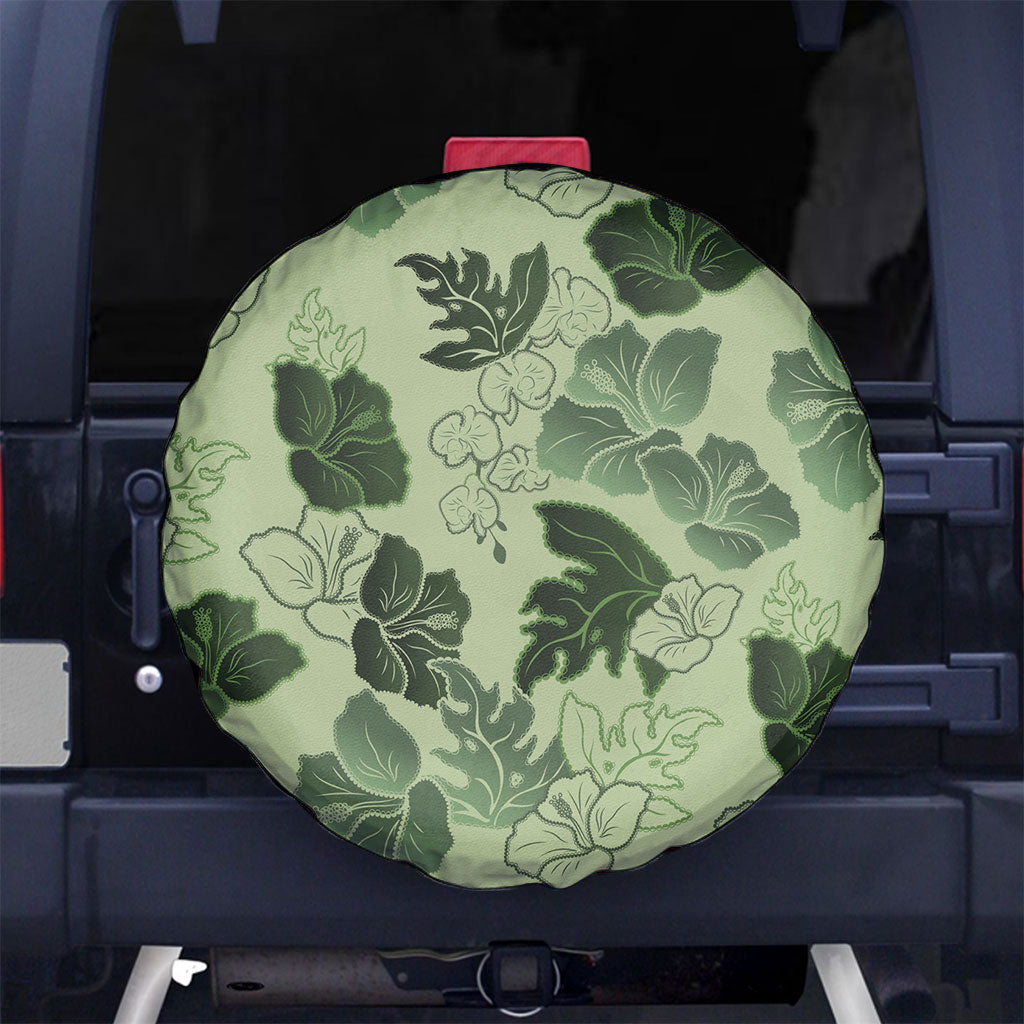 Vesuvian Green Aloha Hawaii Hibiscus Orchid Seamless Spare Tire Cover
