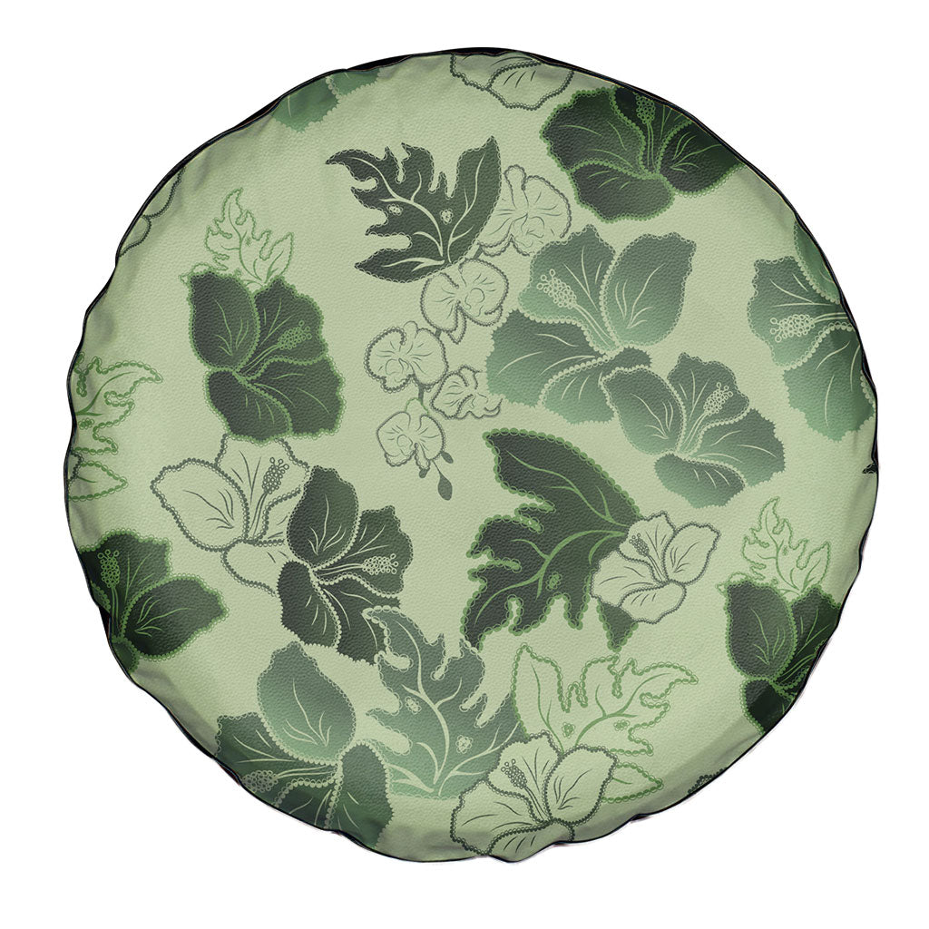 Vesuvian Green Aloha Hawaii Hibiscus Orchid Seamless Spare Tire Cover