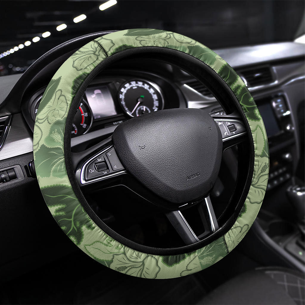 Vesuvian Green Aloha Hawaii Hibiscus Orchid Seamless Steering Wheel Cover