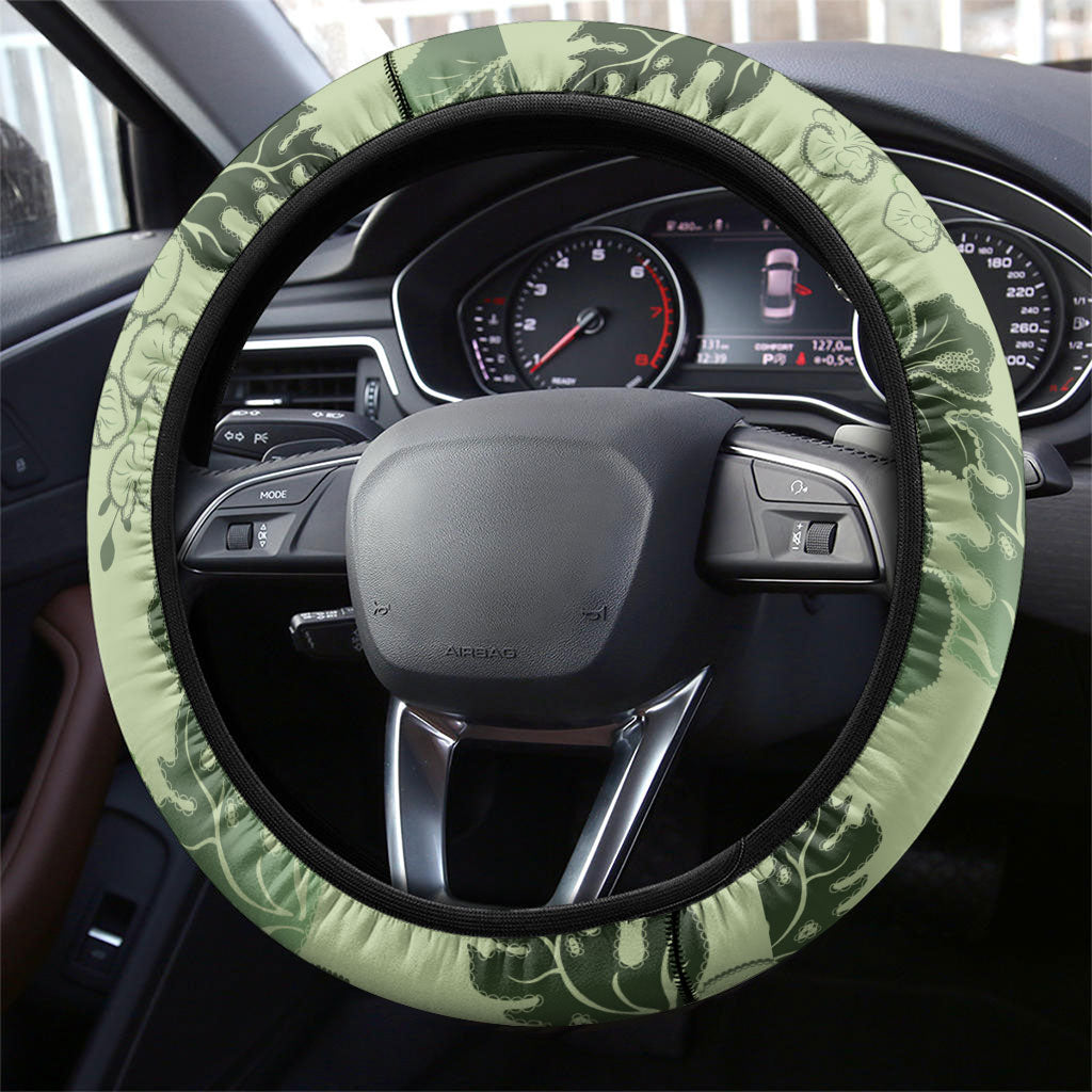 Vesuvian Green Aloha Hawaii Hibiscus Orchid Seamless Steering Wheel Cover