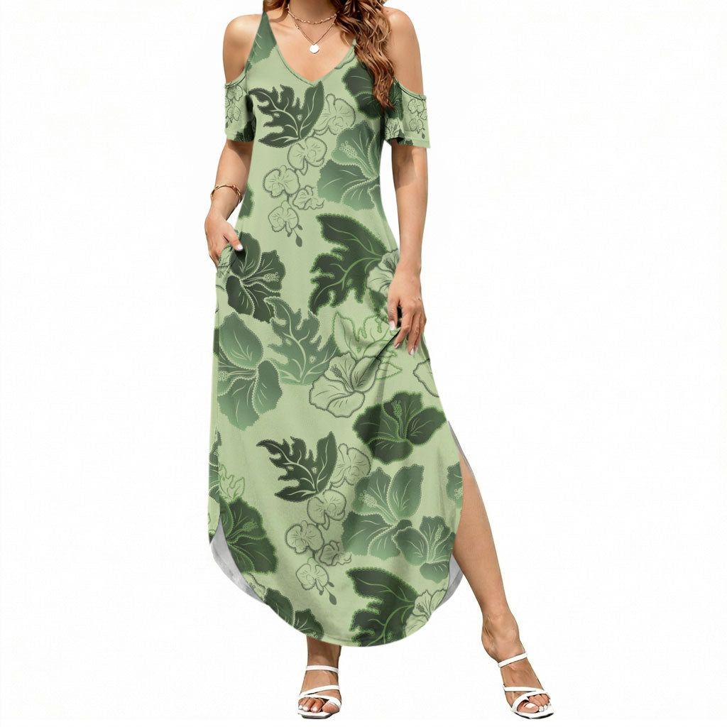 Vesuvian Green Aloha Hawaii Hibiscus Orchid Seamless Summer Maxi Dress