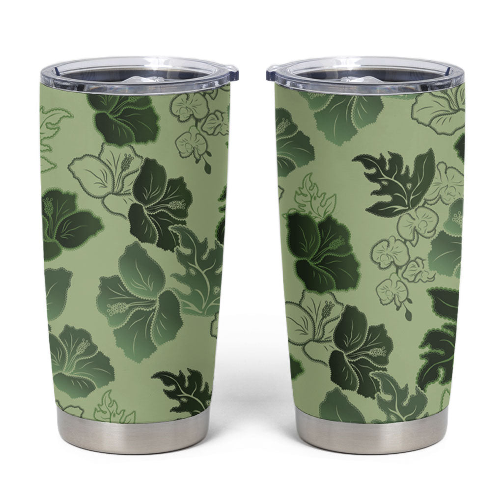 Vesuvian Green Aloha Hawaii Hibiscus Orchid Seamless Tumbler Cup