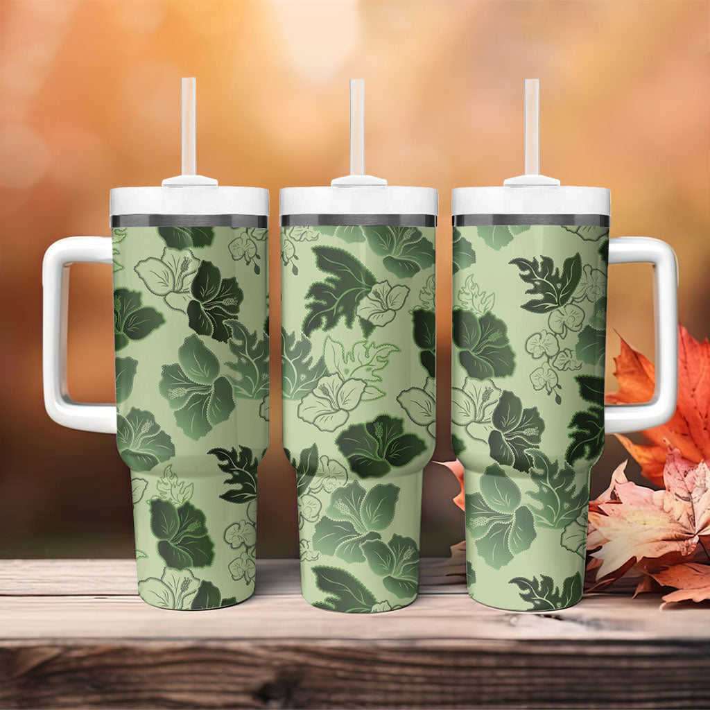 Vesuvian Green Aloha Hawaii Hibiscus Orchid Seamless Tumbler With Handle