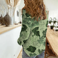 Vesuvian Green Aloha Hawaii Hibiscus Orchid Seamless Women Casual Shirt