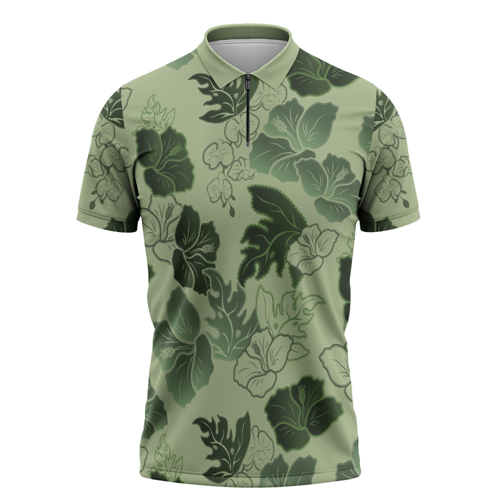 Vesuvian Green Aloha Hawaii Hibiscus Orchid Seamless Zipper Polo Shirt