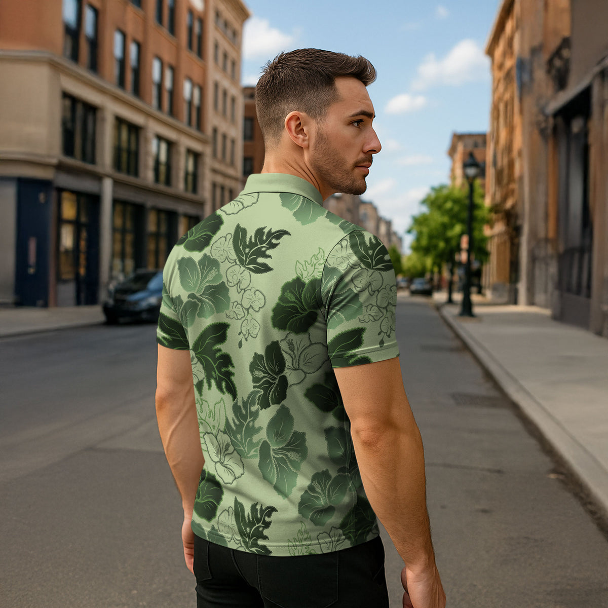 Vesuvian Green Aloha Hawaii Hibiscus Orchid Seamless Zipper Polo Shirt