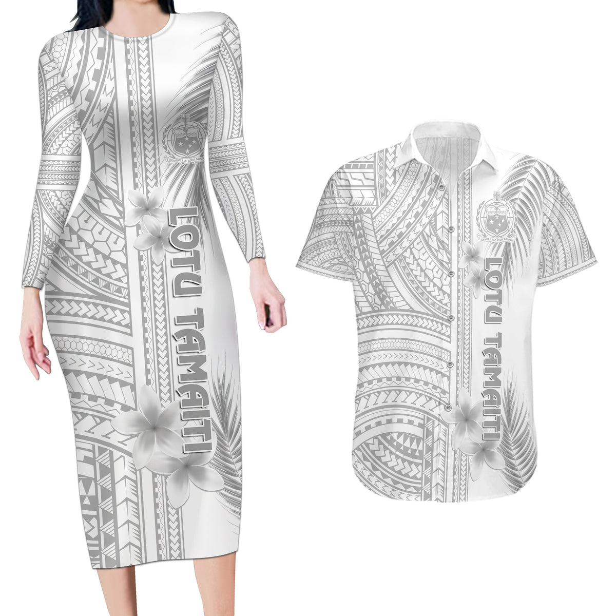 Samoa White Sunday Couples Matching Long Sleeve Bodycon Dress and Hawaiian Shirt Manuia le Aso Sa o Tamaiti Polynesian Plumeria LT14 White - Polynesian Pride