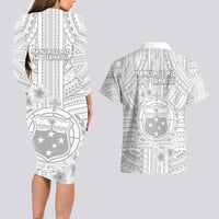 Samoa White Sunday Couples Matching Long Sleeve Bodycon Dress and Hawaiian Shirt Manuia le Aso Sa o Tamaiti Polynesian Plumeria LT14 - Polynesian Pride