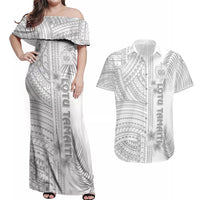 Samoa White Sunday Couples Matching Off Shoulder Maxi Dress and Hawaiian Shirt Manuia le Aso Sa o Tamaiti Polynesian Plumeria LT14 White - Polynesian Pride