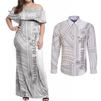 Samoa White Sunday Couples Matching Off Shoulder Maxi Dress and Long Sleeve Button Shirts Manuia le Aso Sa o Tamaiti Polynesian Plumeria LT14 White - Polynesian Pride