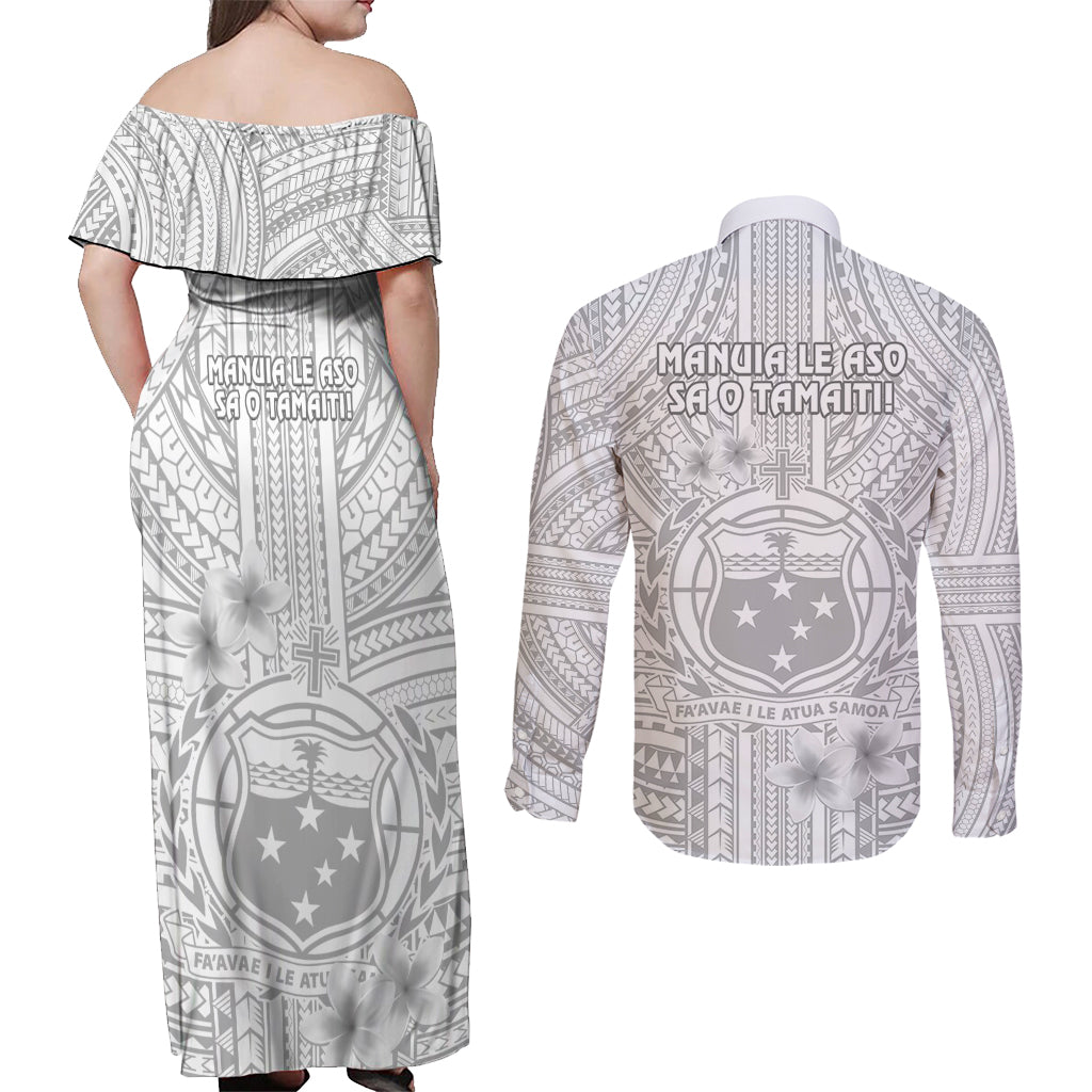 Samoa White Sunday Couples Matching Off Shoulder Maxi Dress and Long Sleeve Button Shirts Manuia le Aso Sa o Tamaiti Polynesian Plumeria LT14 - Polynesian Pride
