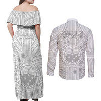 Samoa White Sunday Couples Matching Off Shoulder Maxi Dress and Long Sleeve Button Shirts Manuia le Aso Sa o Tamaiti Polynesian Plumeria LT14 - Polynesian Pride