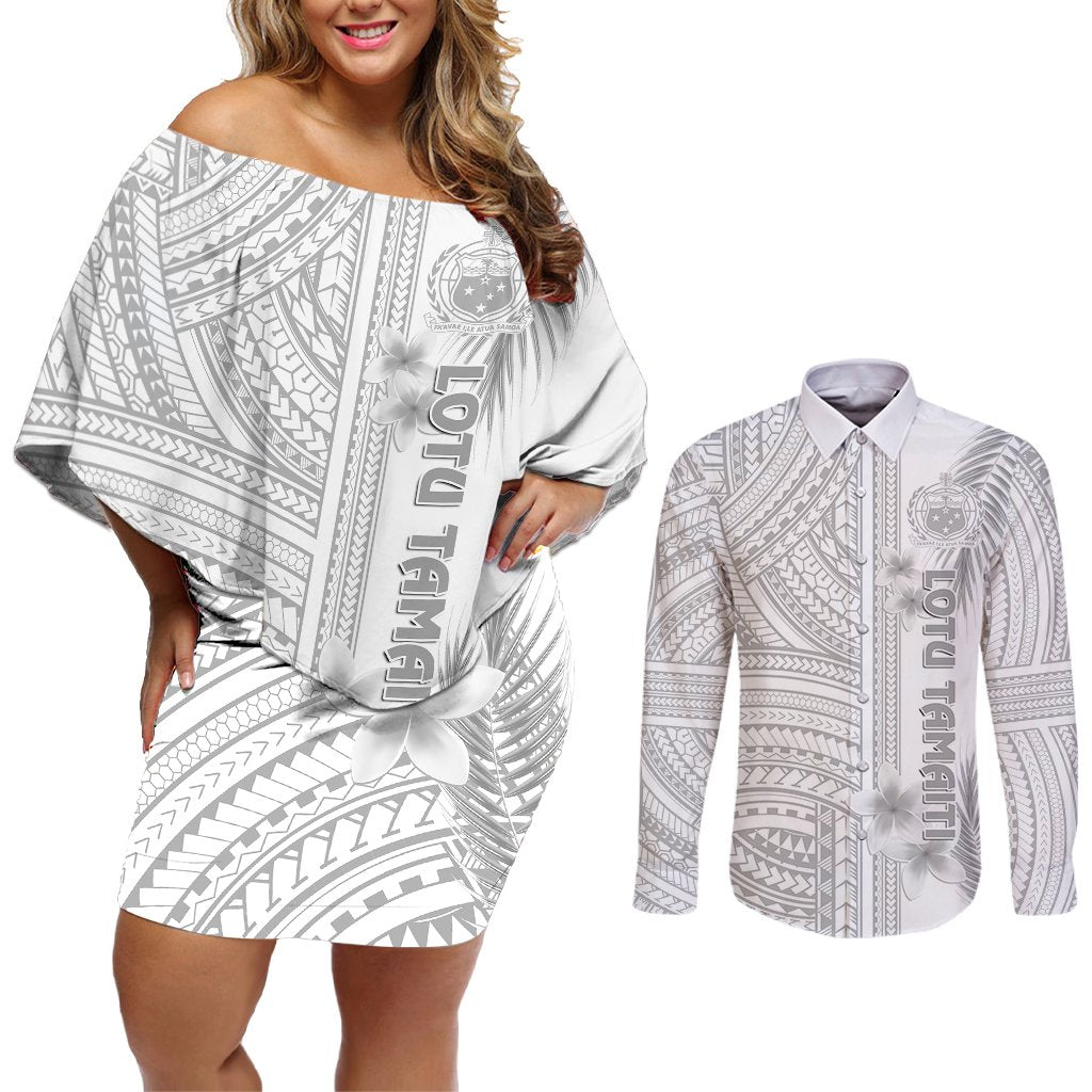 Samoa White Sunday Couples Matching Off Shoulder Short Dress and Long Sleeve Button Shirts Manuia le Aso Sa o Tamaiti Polynesian Plumeria LT14 White - Polynesian Pride