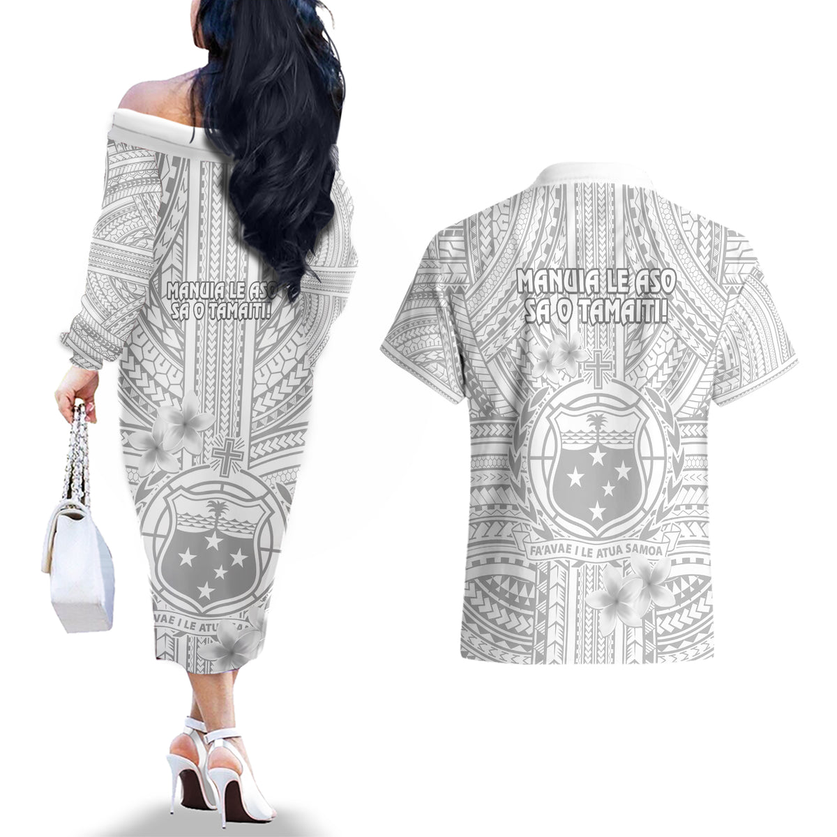 Samoa White Sunday Couples Matching Off The Shoulder Long Sleeve Dress and Hawaiian Shirt Manuia le Aso Sa o Tamaiti Polynesian Plumeria LT14 - Polynesian Pride